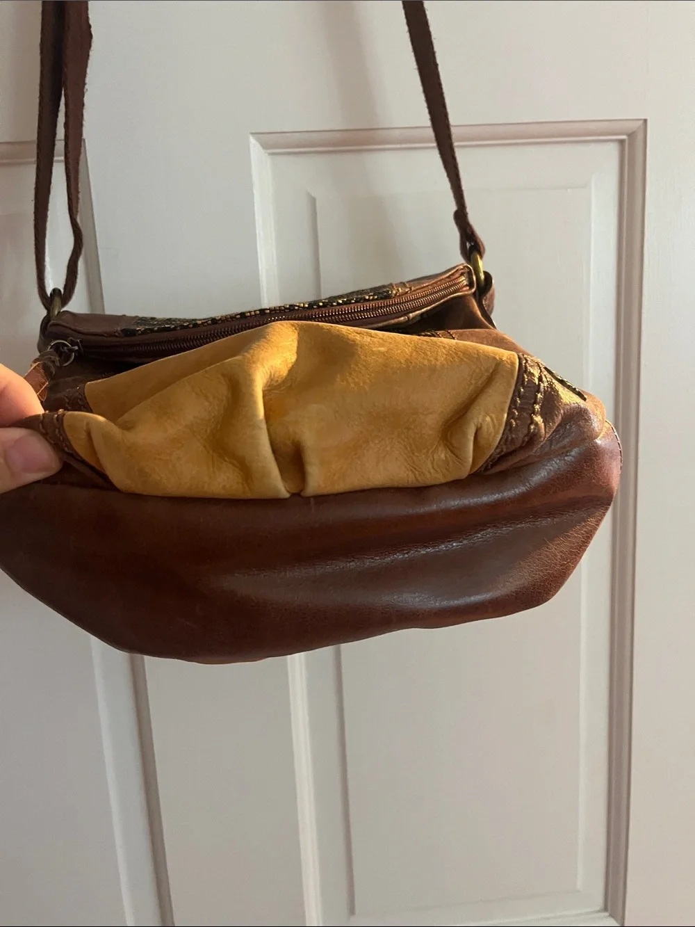 The Sak Deena Flap Brown & Mustard Leather Crossbody Bag with Woven Detail